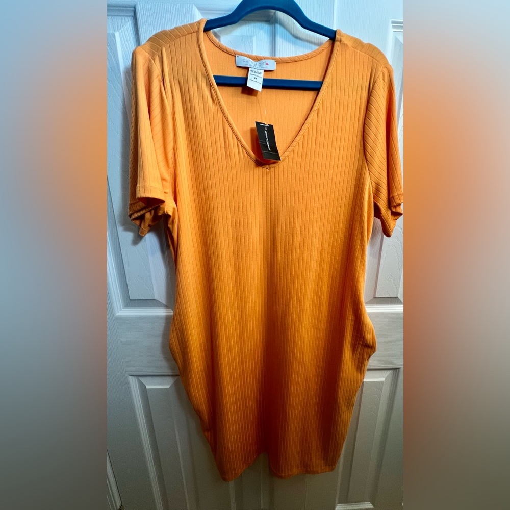 Ashley Stewart Curvy Girl Orange Ribbed V-Neck Short Sleeve Top